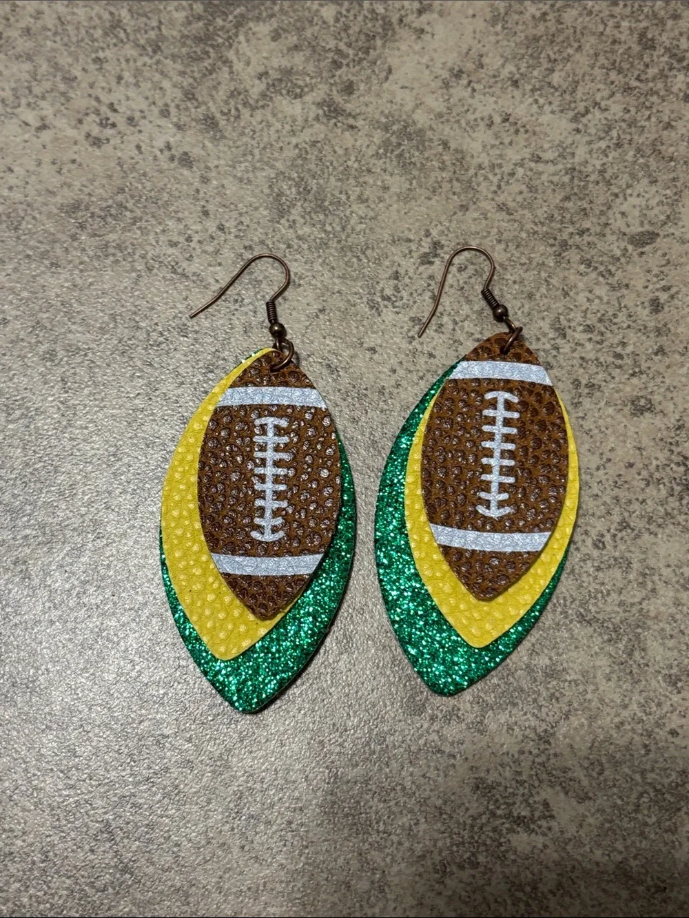 Green and Yellow Faux Leather Football Dangle Earrings